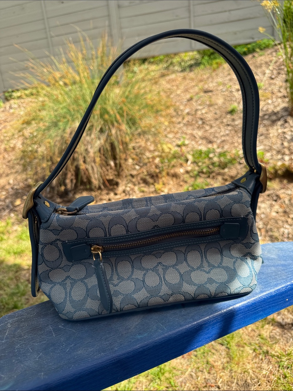 Coach Blue Signature Jacquard Shoulder Bag with Navy Trim